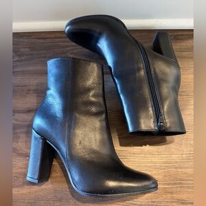 Annabella Black Leather Chunky Heel Boots